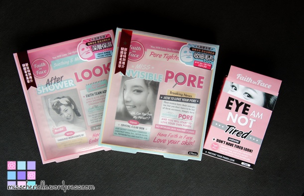 ( L to R) Faith in Face After Shower Look mask; Miss Invisible Pore Mask; Eye Am Not Tired eye mask. Note this is the Hong Kong packaging and product from Korea will probably have different packaging.